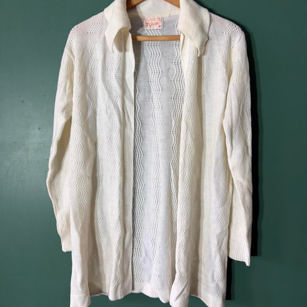 Vintage 60s Glentey Acrylic Knit Duster Cardigan Wavy Textured Cream White M
